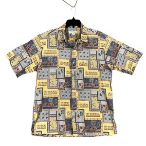 Tori Richard M Hawaiian Shirt Yellow Scenic Print Short Sleeve Button Front‎